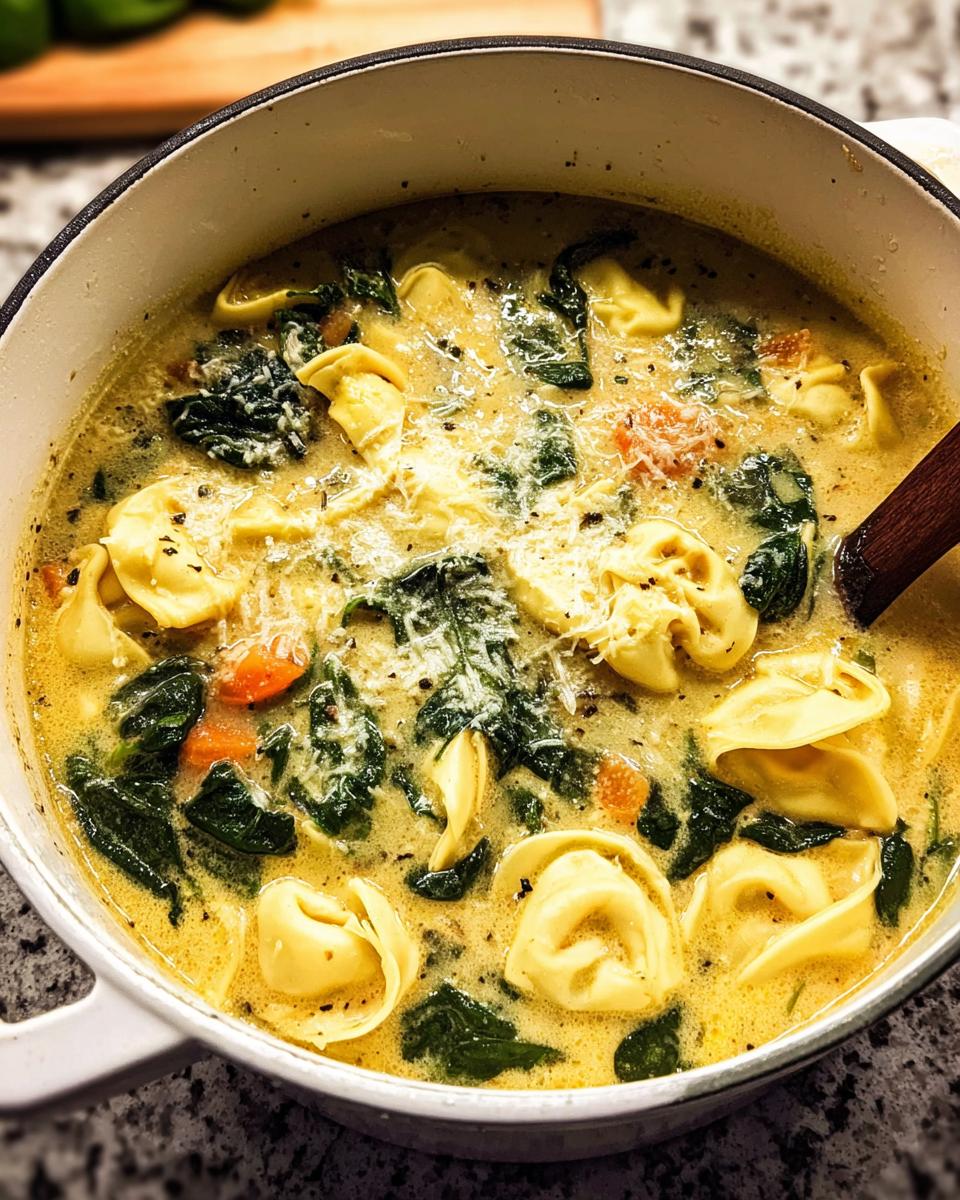 A creamy, yellow broth soup filled with cheese tortellini, dark green spinach, and topped with grated Parmesan cheese, ready to serve.