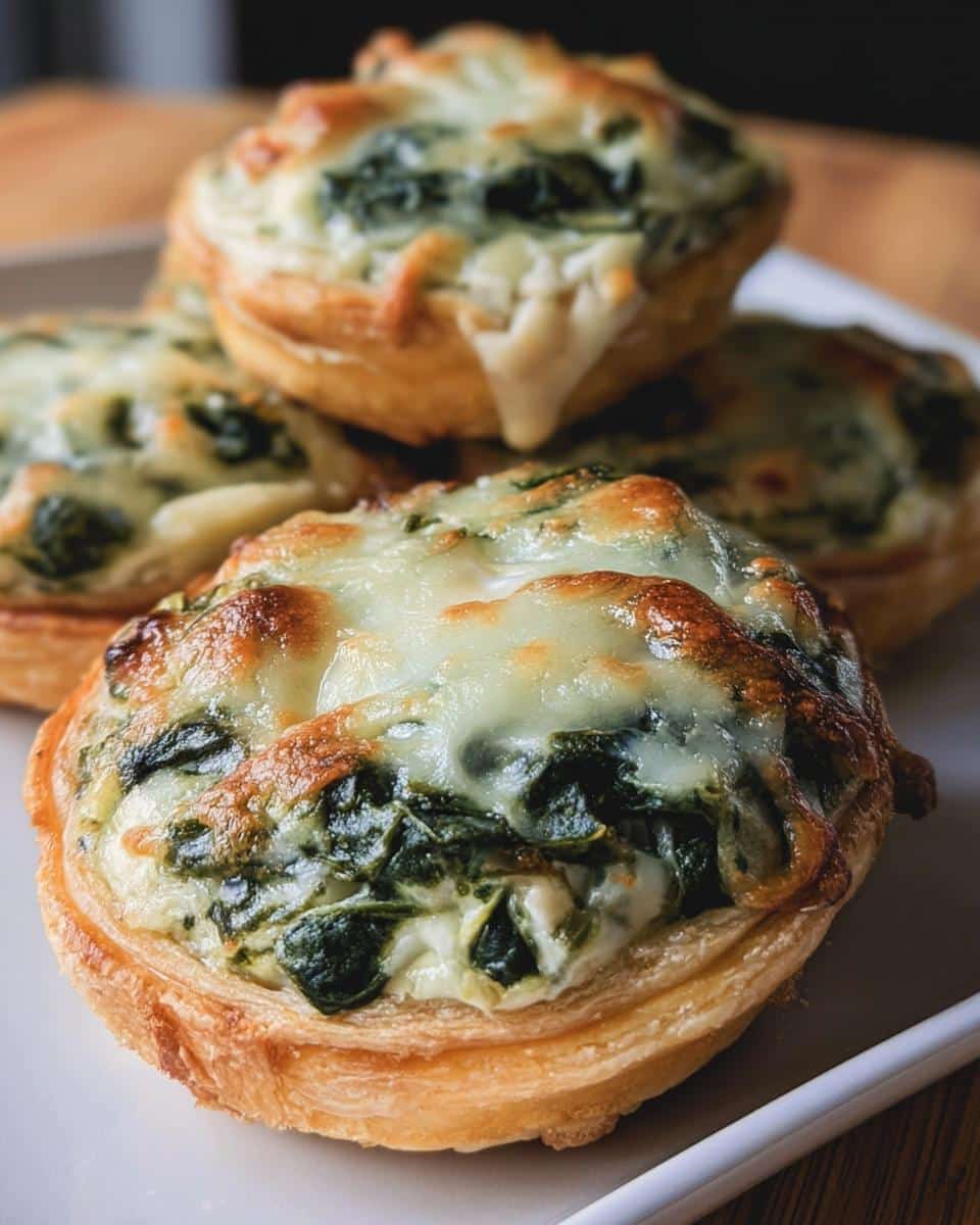 Close-up of baked Spinach & Ricotta Puff Pastry Tart bites topped with melted, golden cheese.