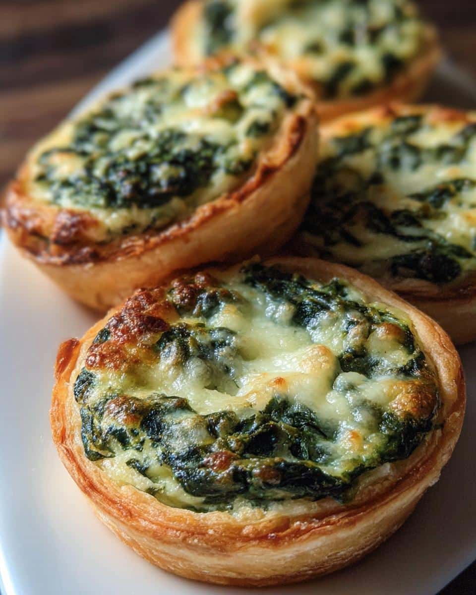 Close-up of several golden Spinach & Ricotta Puff Pastry Tarts with melted, slightly browned cheese topping.