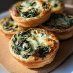 Close-up of several golden Spinach & Ricotta Puff Pastry Tartlets with melted, browned cheese topping.