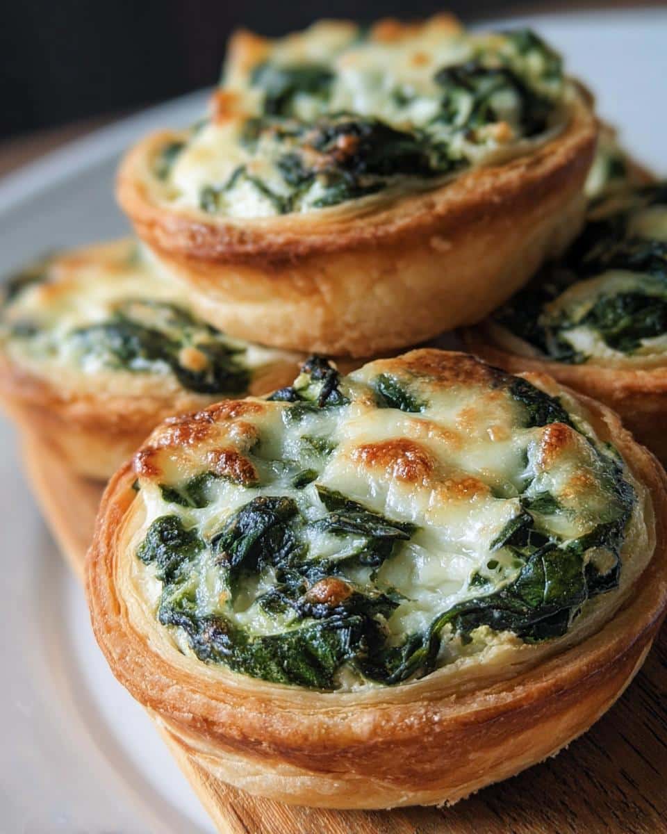 Close-up of golden, flaky puff pastry tartlets filled with spinach and melted ricotta cheese.