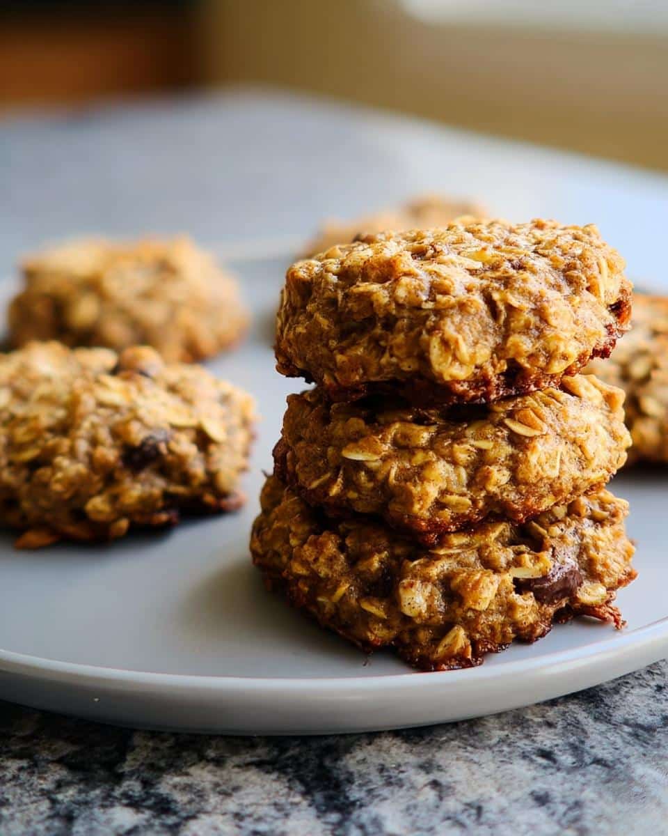 A stack of three golden brown 2-Ingredient Banana Oat Cookies made with visible oats, resting on a light gray plate.