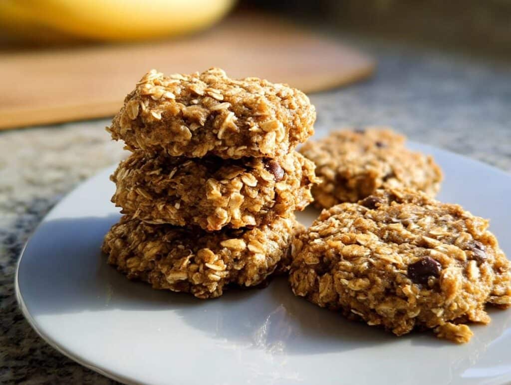 A stack of four textured 2-Ingredient Banana Oat Cookies, with more cookies beside them on a white plate.