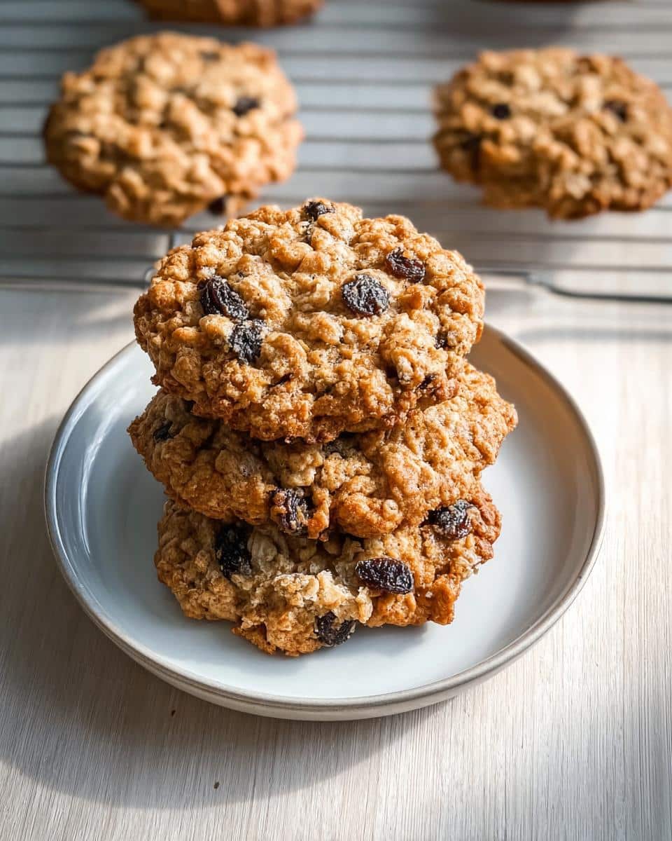A stack of three chewy Oatmeal Raisin Cookies piled on a small, light blue plate.