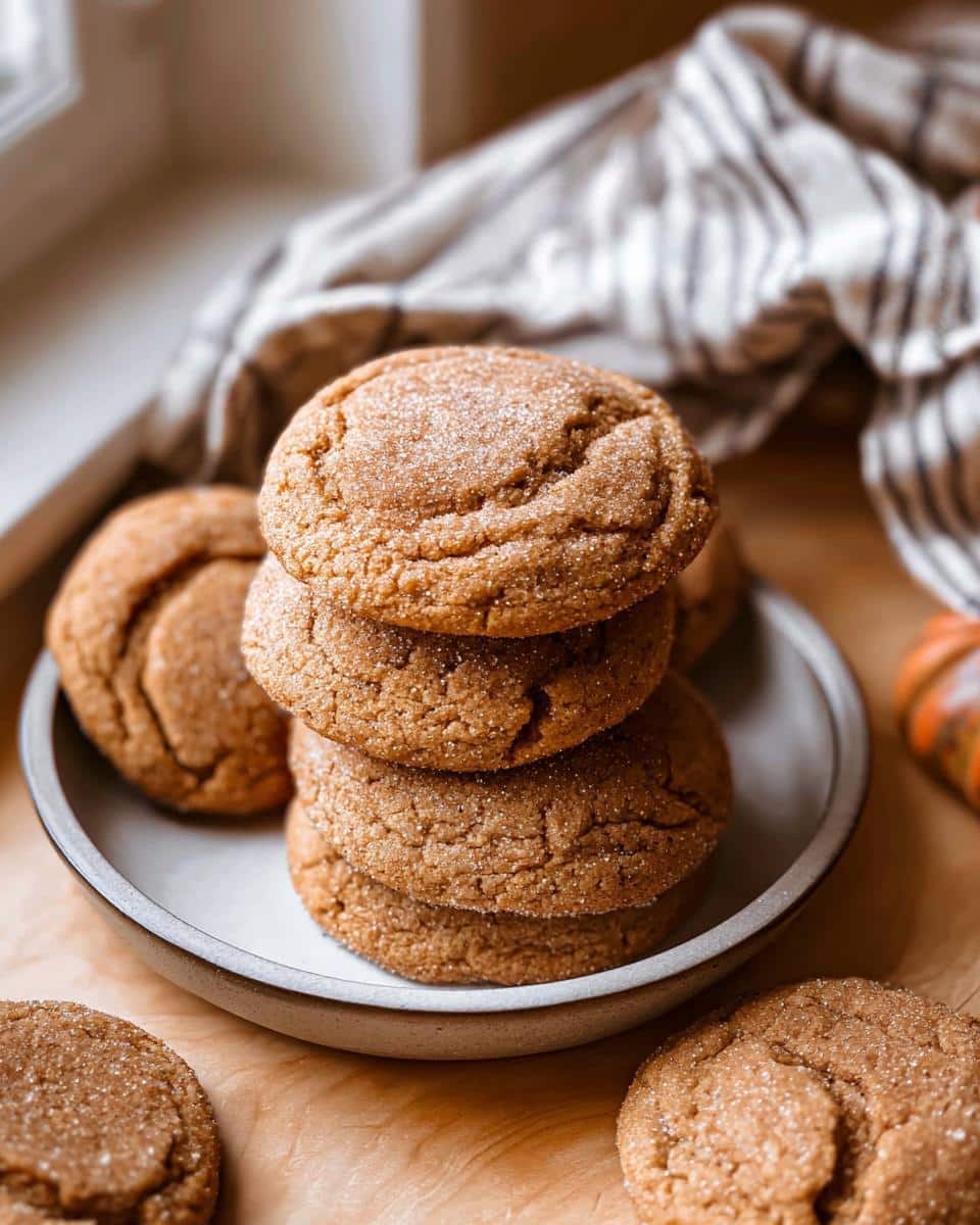 A stack of four soft, chewy Pumpkin Spice Cookies rolled in sparkling sugar, resting on a small plate.