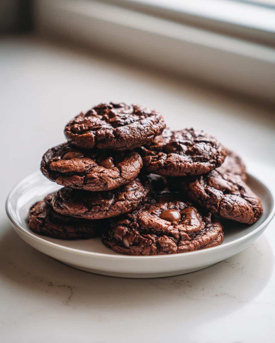 A stack of dark, fudgy Thermomix Chocolate Chip Cookies piled high on a white plate.