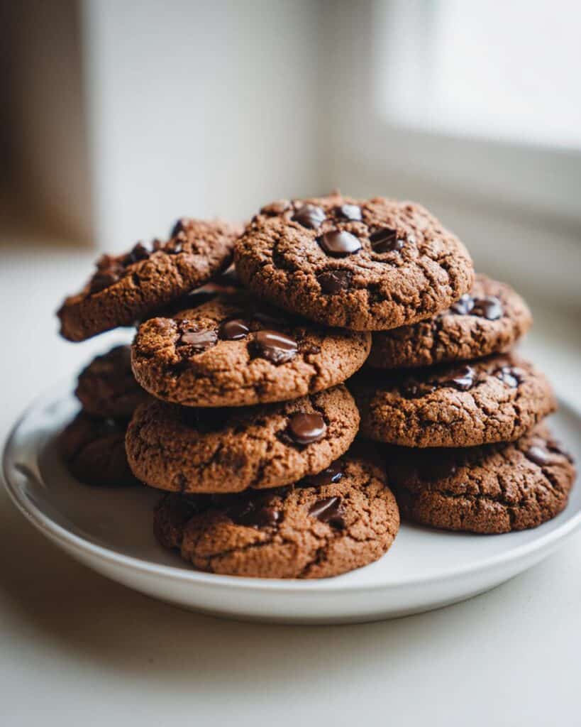 A tall stack of dark, rich Thermomix Chocolate Chip Cookies piled high on a white plate.