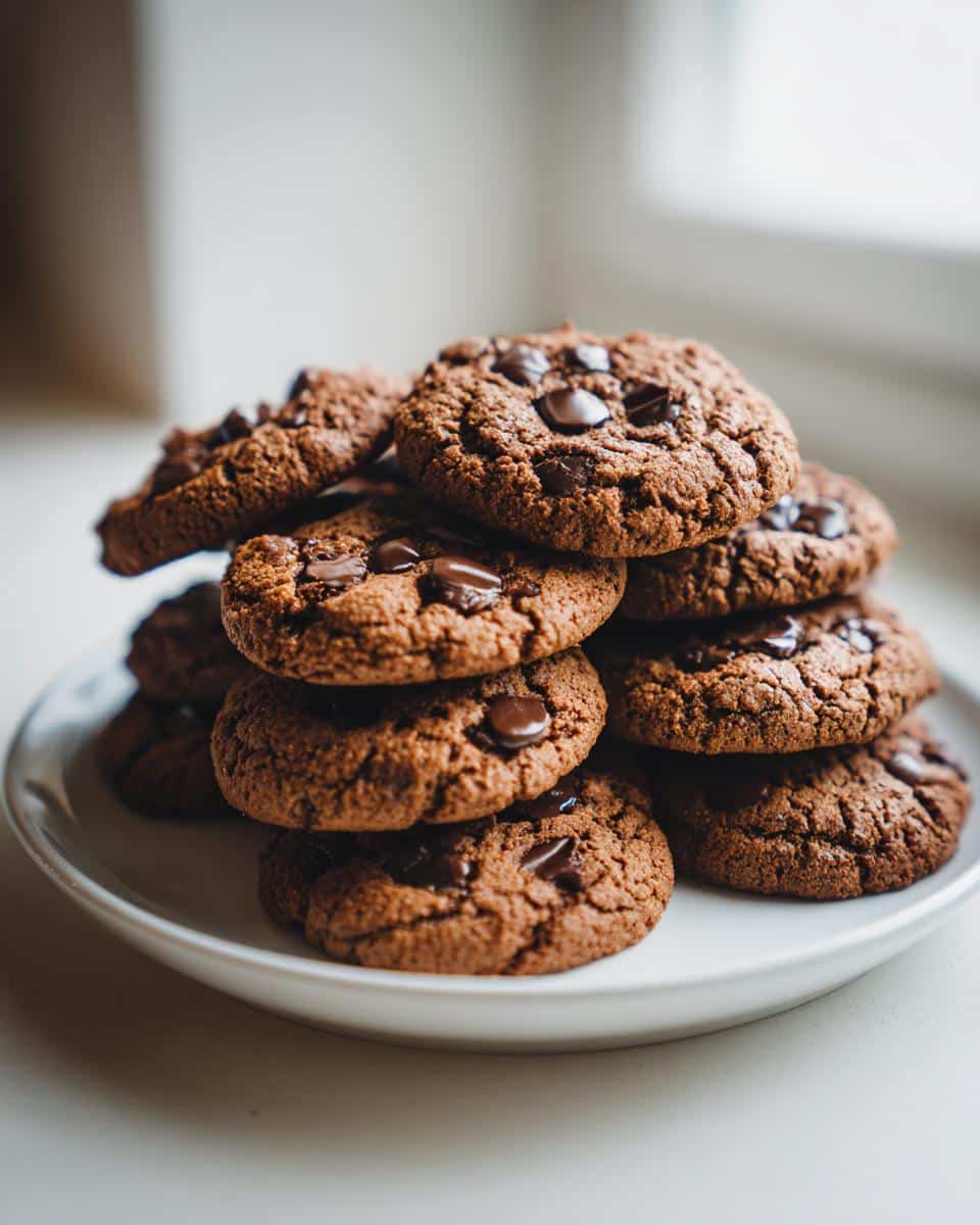 A tall stack of dark, rich Thermomix Chocolate Chip Cookies piled high on a white plate.