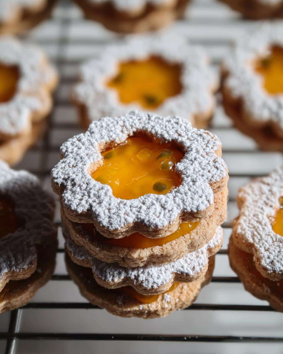 A stack of three Jam-Filled Linzer-Style Cookies filled with bright orange passion fruit jam and dusted with powdered sugar.