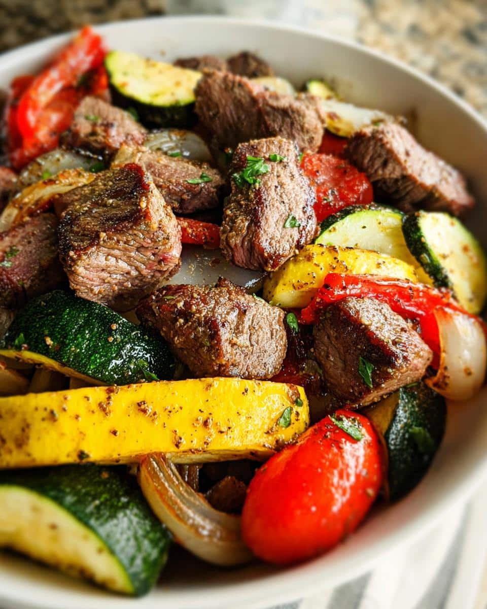 Close-up of a healthy Steak & Roasted Veggie Lunch Plate featuring seasoned steak bites and colorful roasted vegetables.