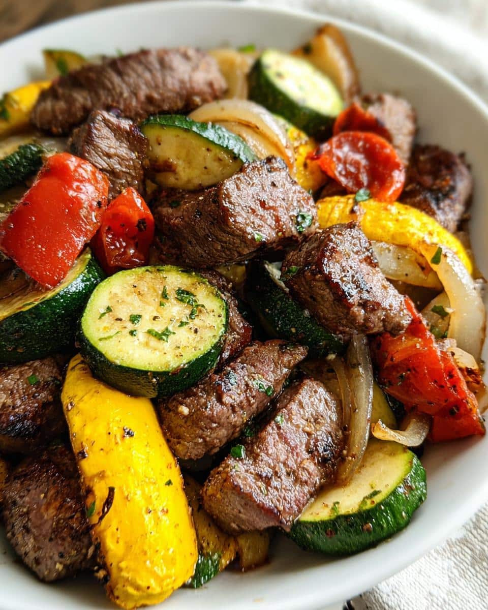 Close-up of a healthy Steak & Roasted Veggie Lunch Plate featuring seasoned steak bites, zucchini, yellow squash, and onions.