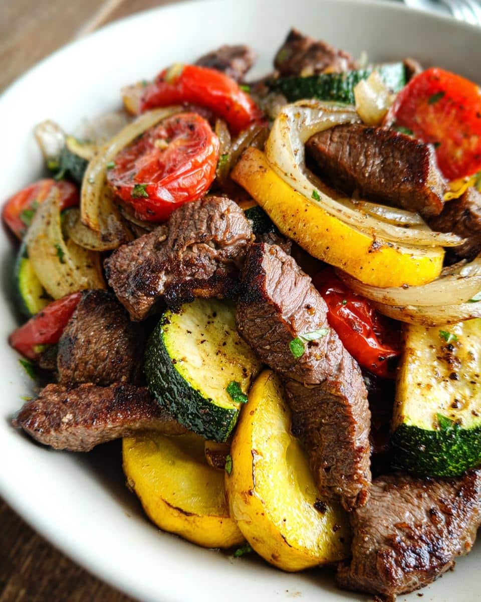 Close-up of a white bowl filled with pieces of seared steak mixed with roasted zucchini, yellow squash, onions, and cherry tomatoes for a Steak & Roasted Veggie Lunch Plate.