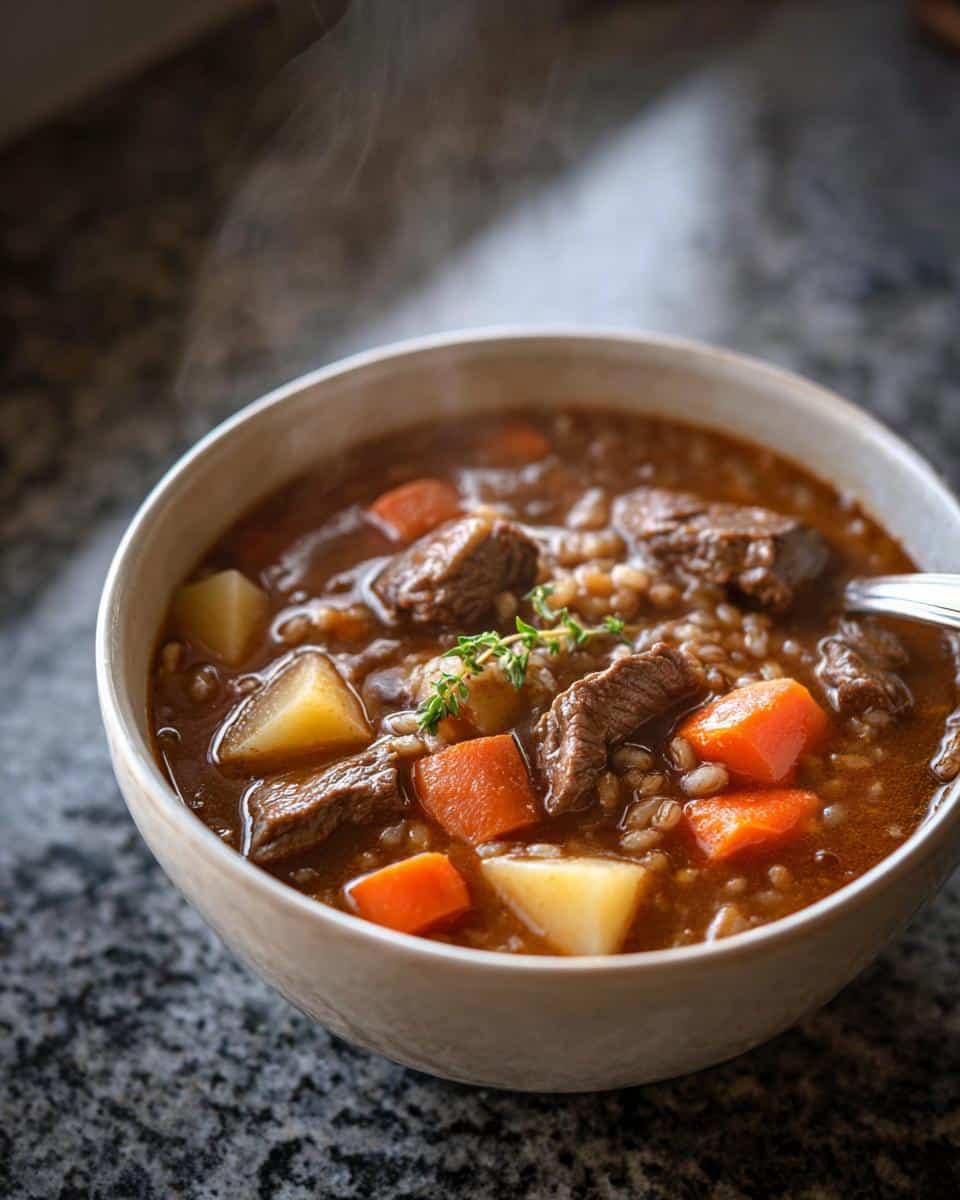 A close-up of a steaming bowl of rich Beef & Barley Soup containing chunks of beef, carrots, and potatoes.