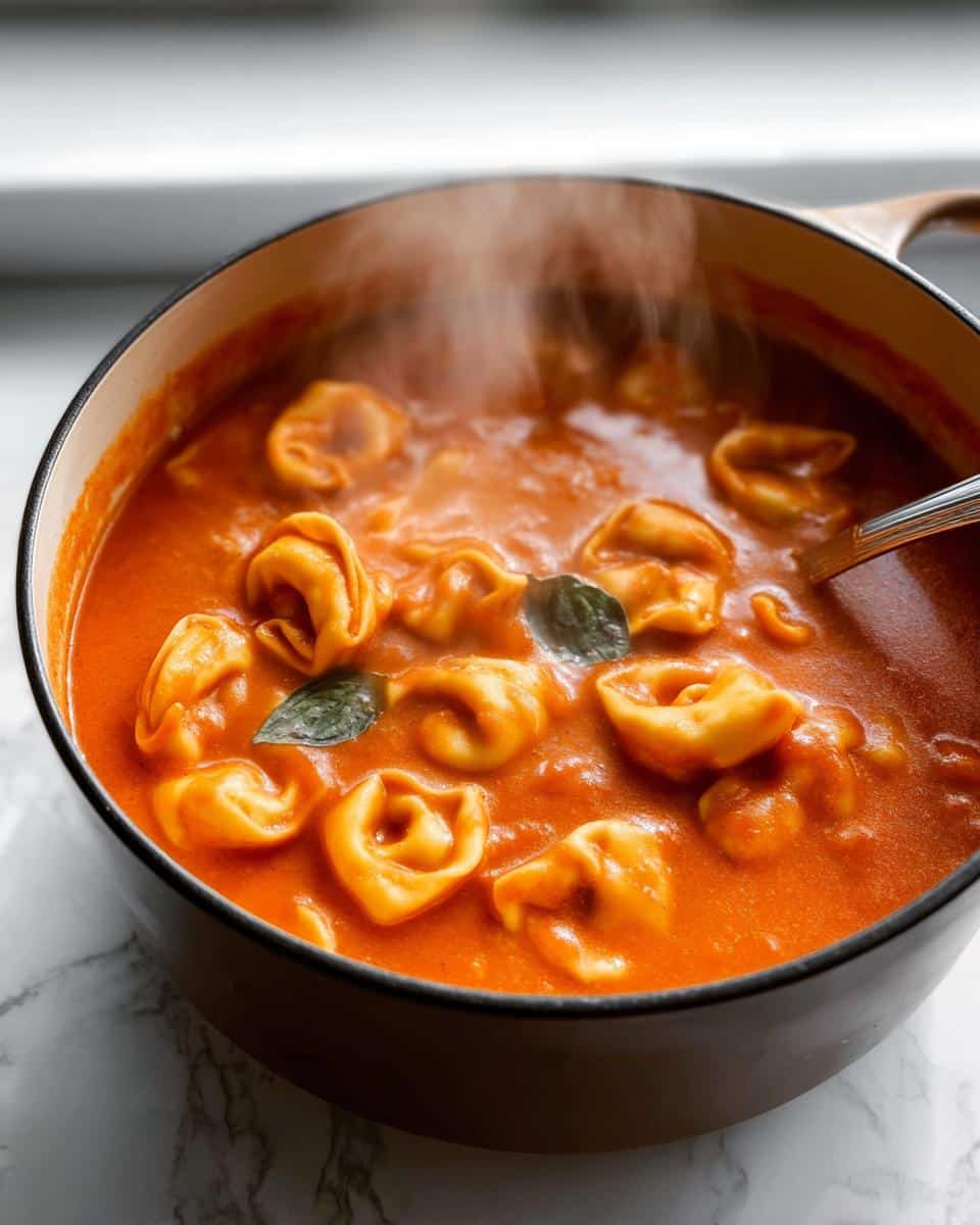 Close-up of steaming Tomato Tortellini Soup with cheese tortellini in a dark pot on a marble surface.