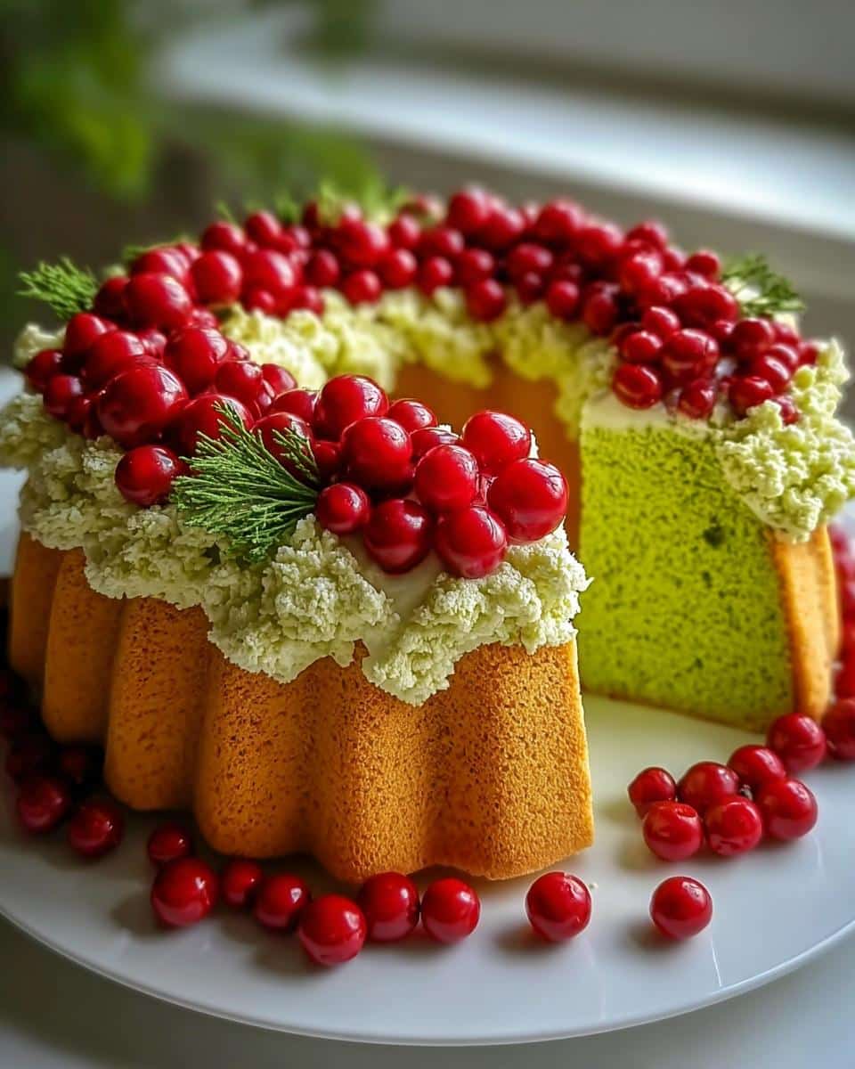 A slice removed from a Stunning Christmas Wreath Cake decorated with bright red berries and green frosting.