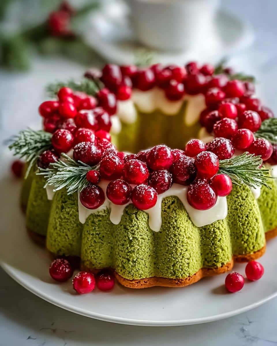 A stunning Christmas Wreath Cake, green in color, topped with white icing and fresh cranberries.