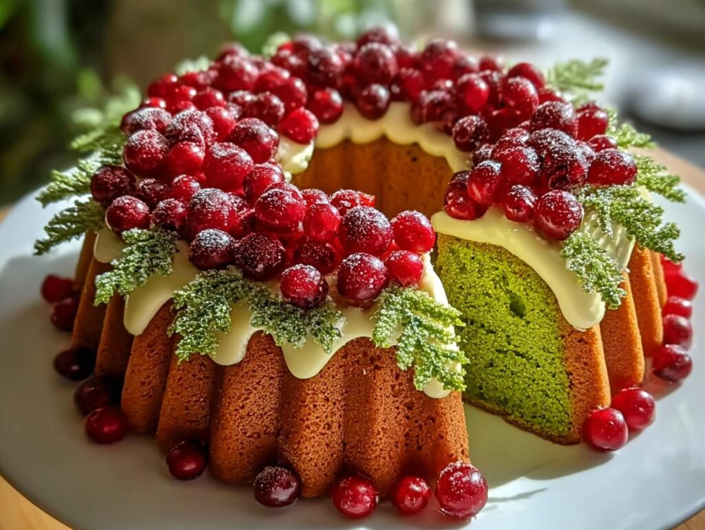 A stunning Christmas Wreath Cake decorated with fresh cranberries, white glaze, and green sprigs, showing a slice revealing green cake interior.