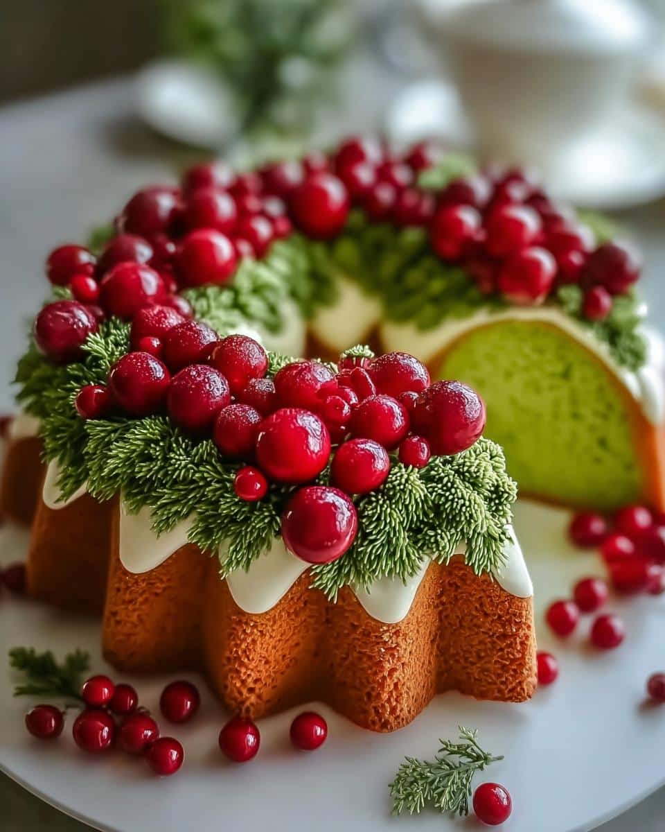 Close-up of a Stunning Christmas Wreath Cake decorated with green frosting 'pine needles' and glossy red cranberries.