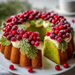 A slice cut from a Stunning Christmas Wreath Cake decorated with white frosting, sugared cranberries, and green piped holly leaves.