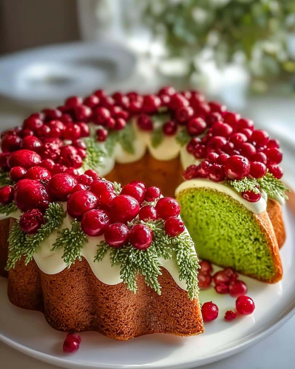 A slice removed from a Stunning Christmas Wreath Cake decorated with white icing, cranberries, and green pine sprigs.
