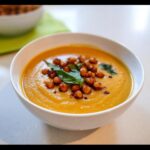 A bowl of vibrant orange Sweet Potato Coconut Curry Soup topped with roasted chickpeas and fresh basil leaves.