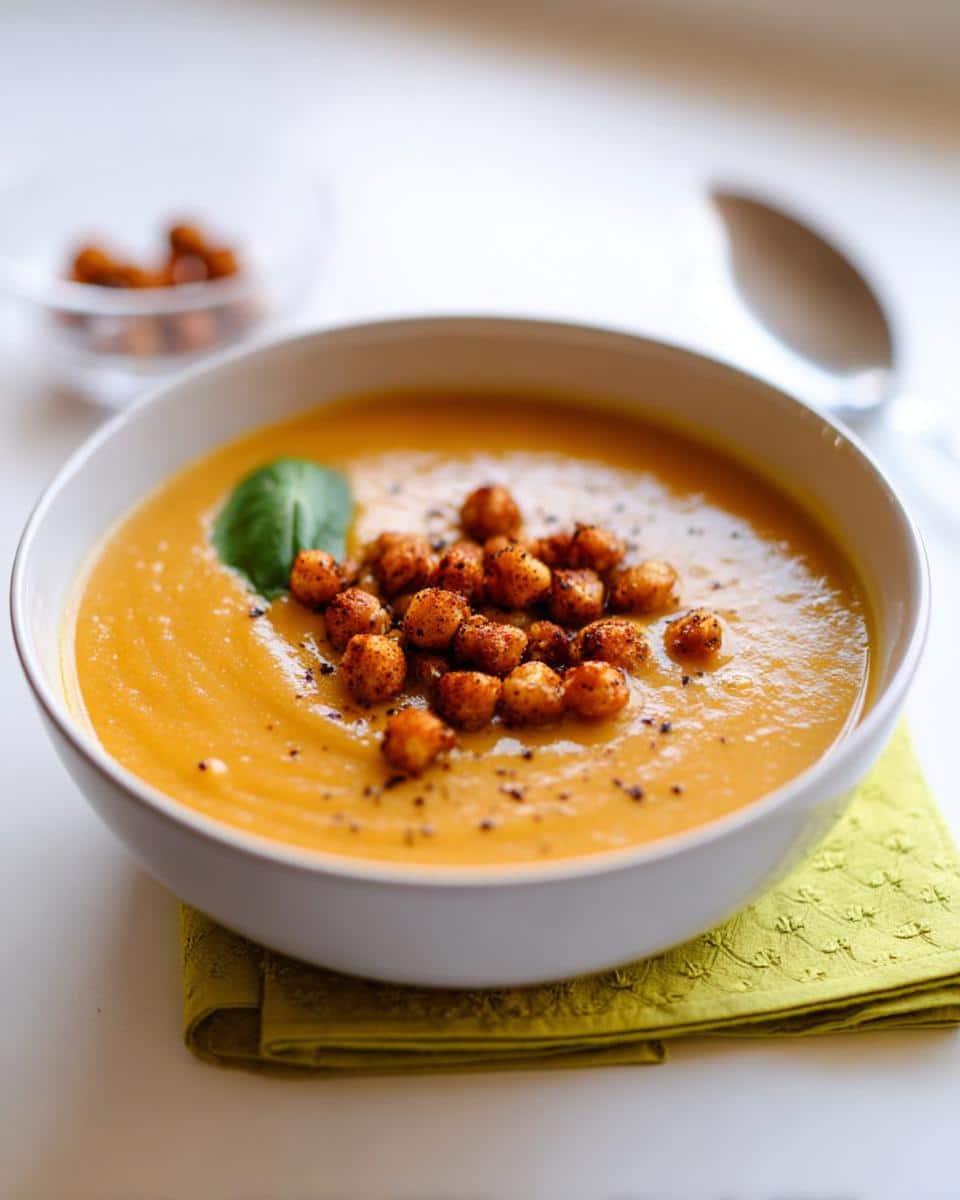A vibrant orange bowl of Sweet Potato Coconut Curry Soup topped with crispy roasted chickpeas and a basil leaf.