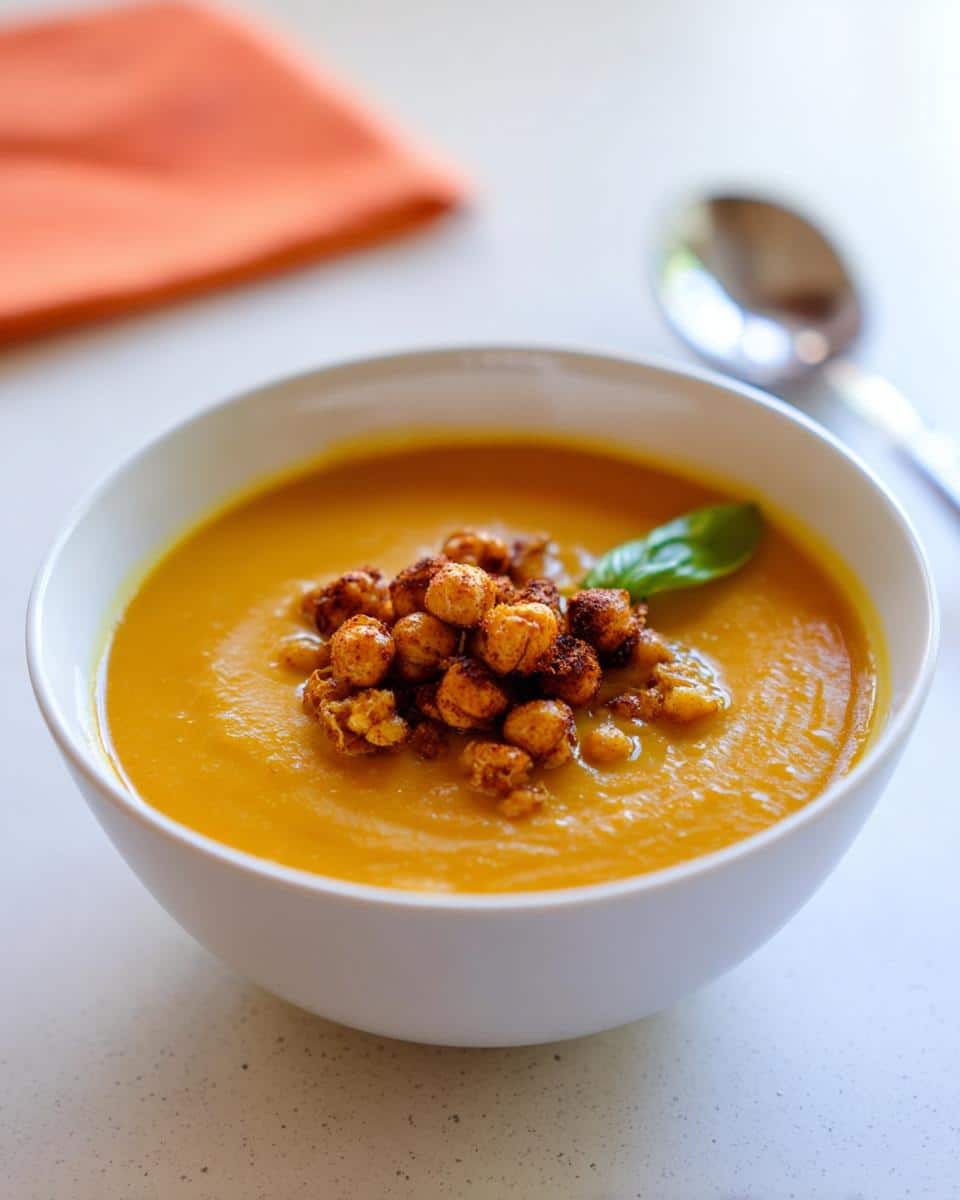 A bowl of vibrant orange Sweet Potato Coconut Curry Soup topped with crispy spiced chickpeas and a basil leaf.