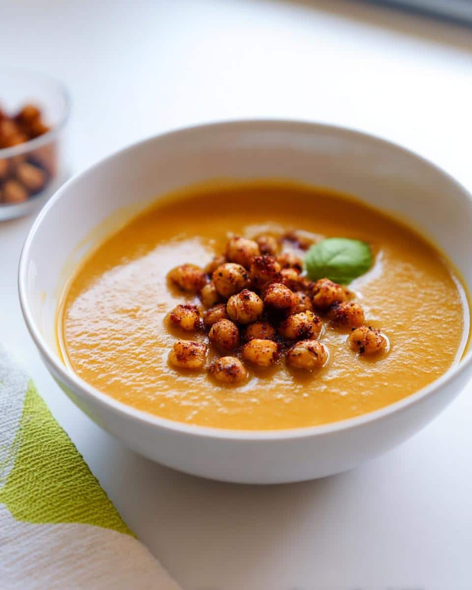 A bowl of vibrant orange Sweet Potato Coconut Curry Soup topped with roasted, spiced chickpeas and a basil leaf.