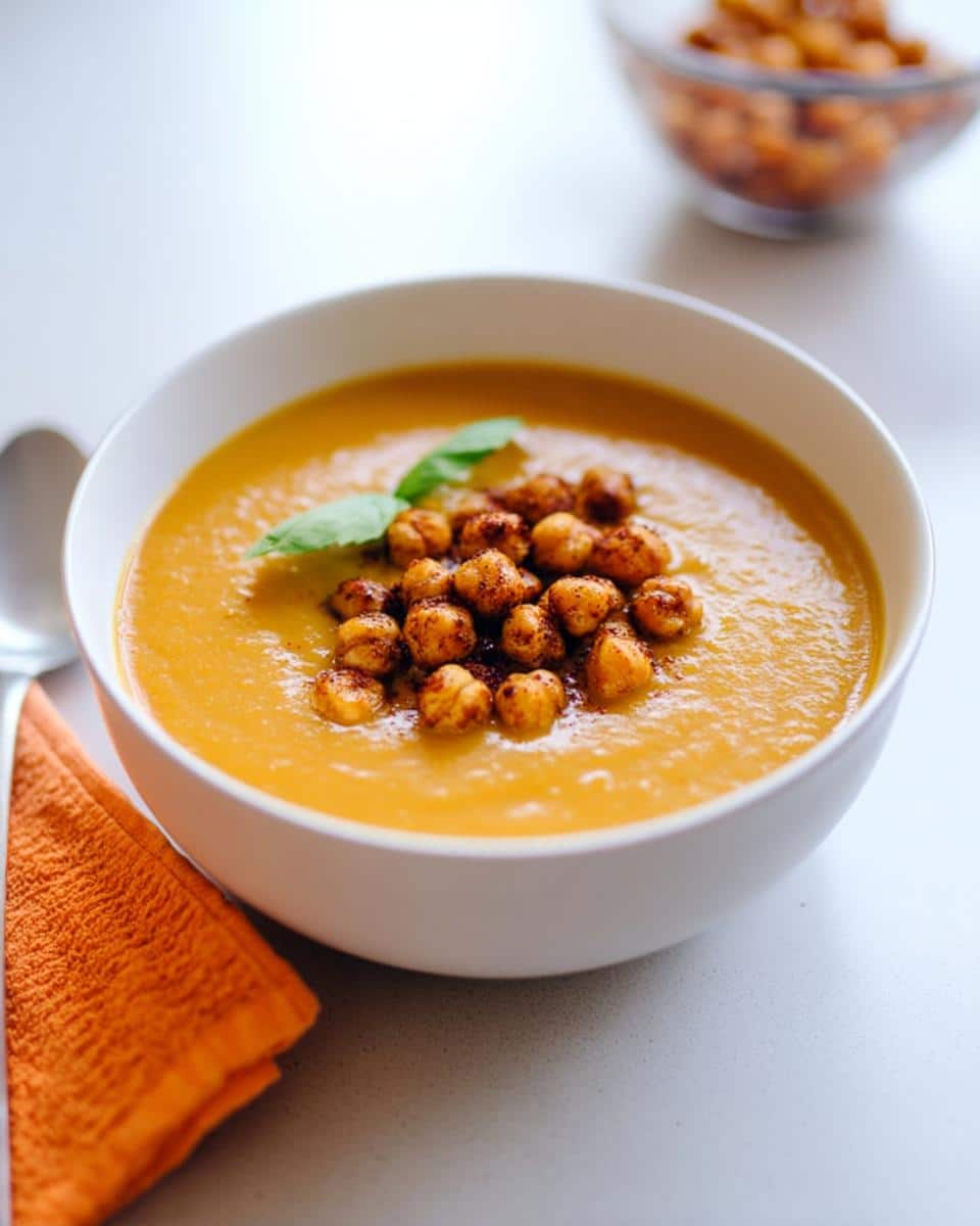 A bowl of creamy orange Sweet Potato Coconut Curry Soup topped with spiced roasted chickpeas and a basil leaf.