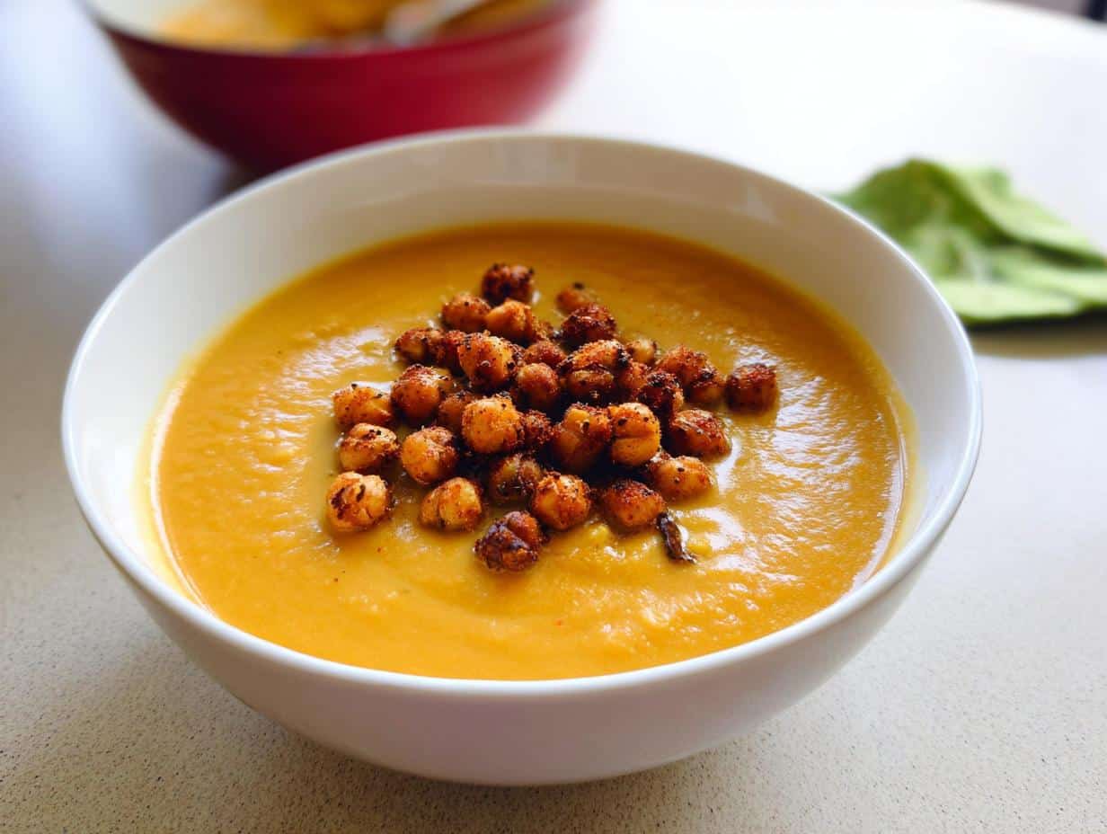 A bowl of vibrant orange Sweet Potato Coconut Curry Soup topped with crispy roasted chickpeas.