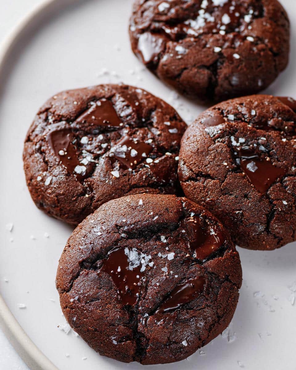 Close-up of four rich, dark chocolate Tahini Chocolate Chunk Cookies topped with melted chocolate pools and flaky sea salt.