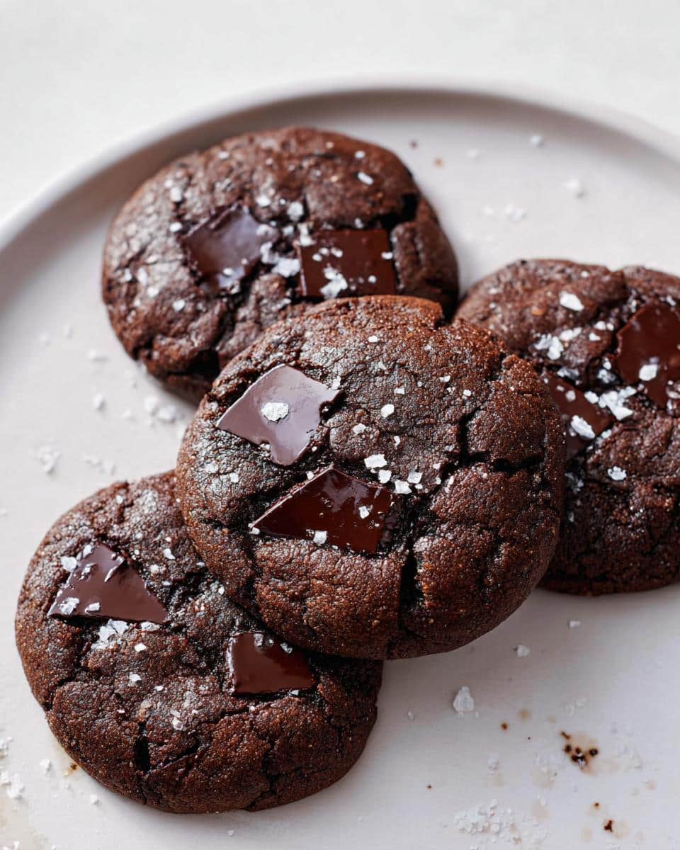 Four rich, dark Tahini Chocolate Chunk Cookies topped with flaky sea salt and large chocolate chunks.