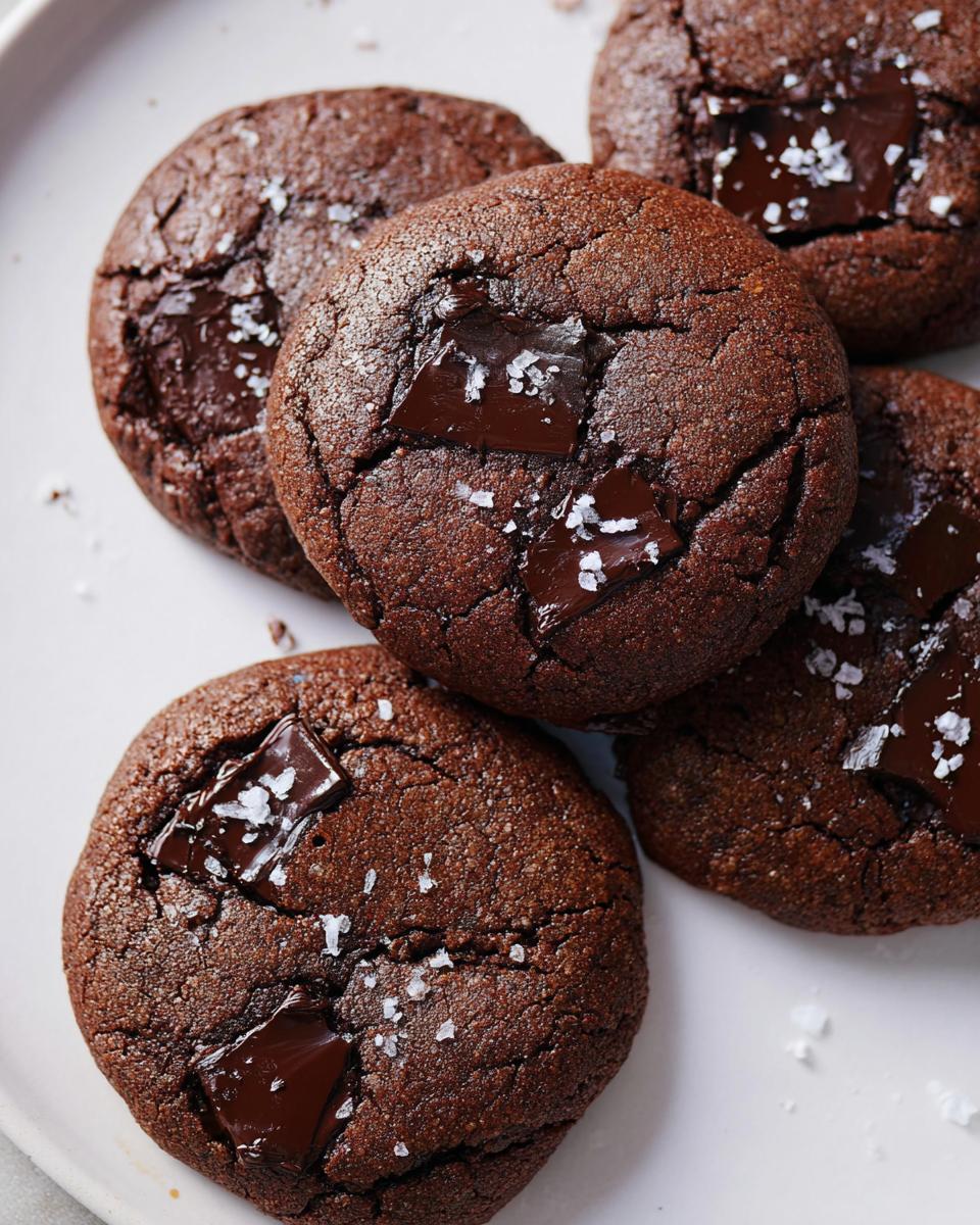 Four rich, dark brown Tahini Chocolate Chunk Cookies topped with melted chocolate chunks and flaky sea salt.