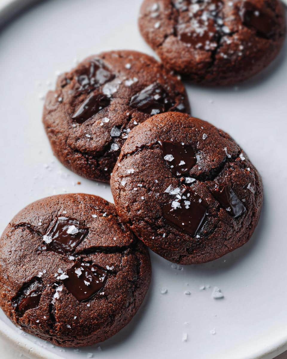 Four rich, dark chocolate cookies topped with melted chocolate chunks and flaky sea salt, ready to eat. These are Tahini Chocolate Chunk Cookies.