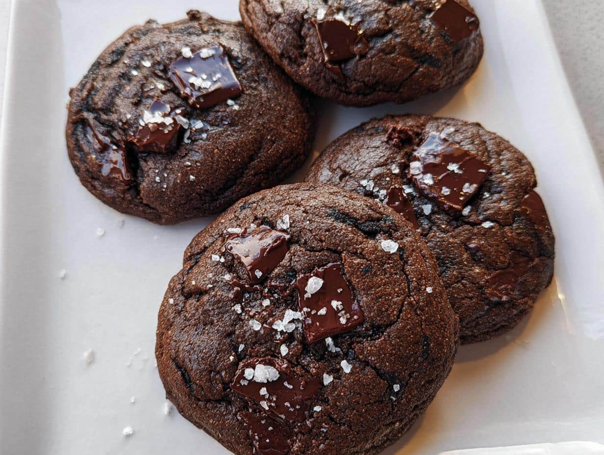 Four dark chocolate Tahini Chocolate Chunk Cookies topped with melted chocolate chunks and flaky sea salt.