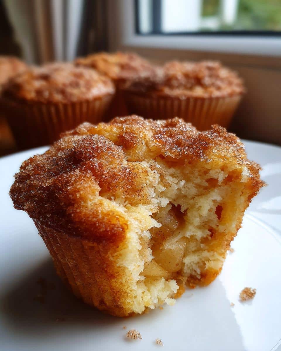 Close-up of a Thermomix Apple Cinnamon Muffin with a bite taken out, showing soft interior and cinnamon sugar topping.