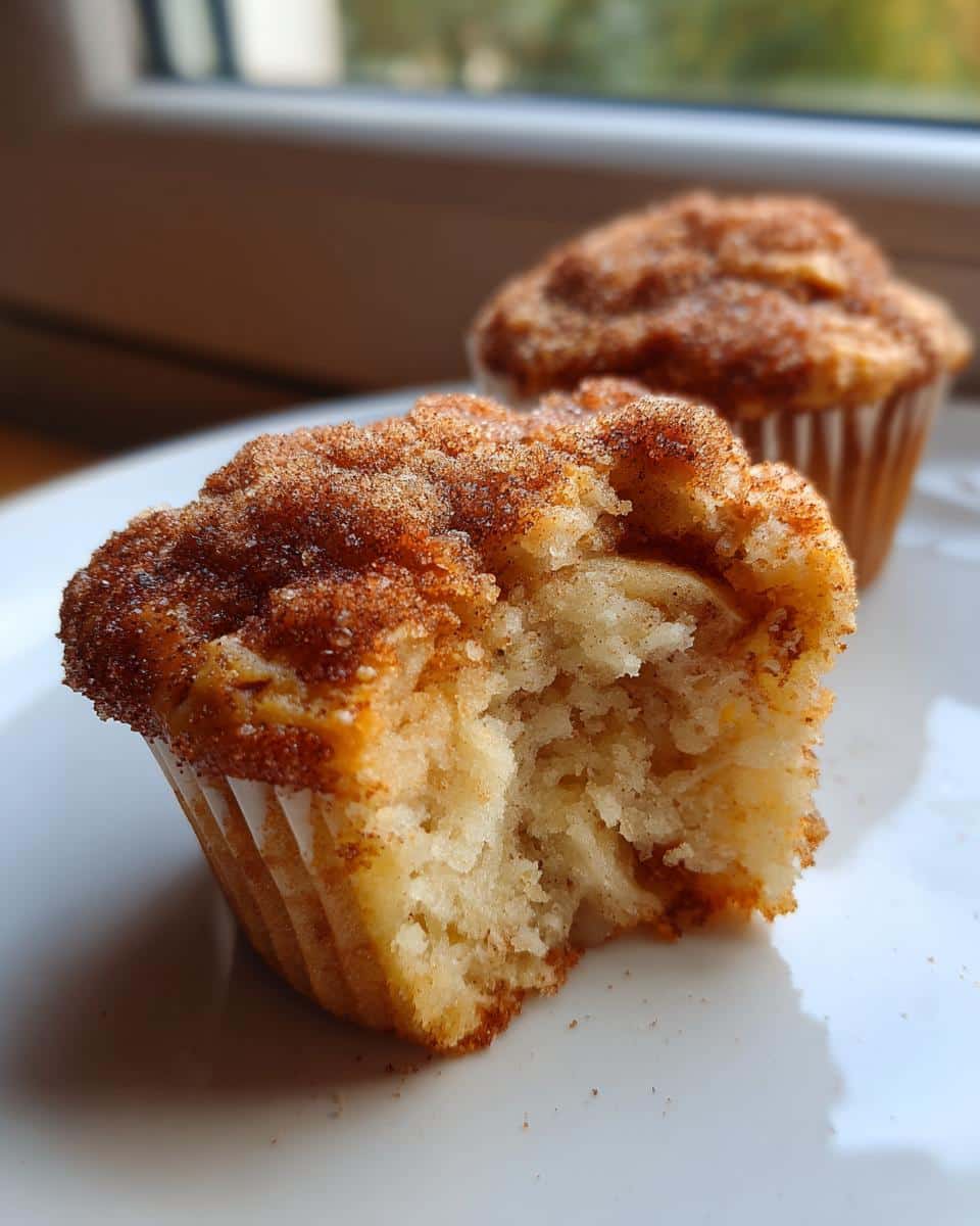 Close-up of a Thermomix Apple Cinnamon Muffin with a bite taken out, revealing soft interior and cinnamon sugar topping.