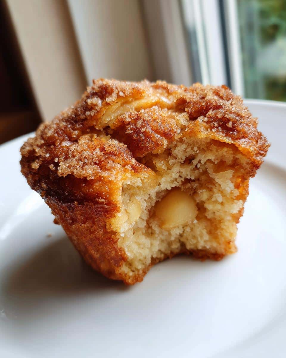 Close-up of a Thermomix Apple Cinnamon Muffin with a bite taken out, showing soft interior and cinnamon sugar topping.