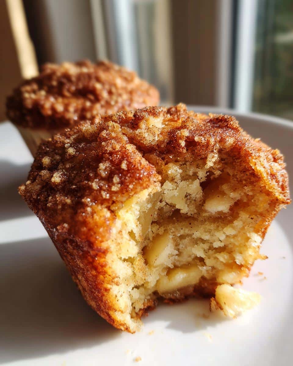 Close-up of a Thermomix Apple Cinnamon Muffin with a bite taken out, showing soft interior and apple pieces.