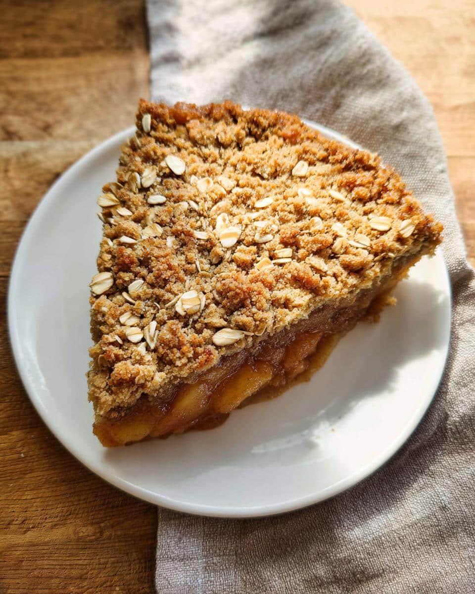 A generous slice of Thermomix Apple Crumble Cake featuring a thick, crumbly oat topping and caramelized apple filling.