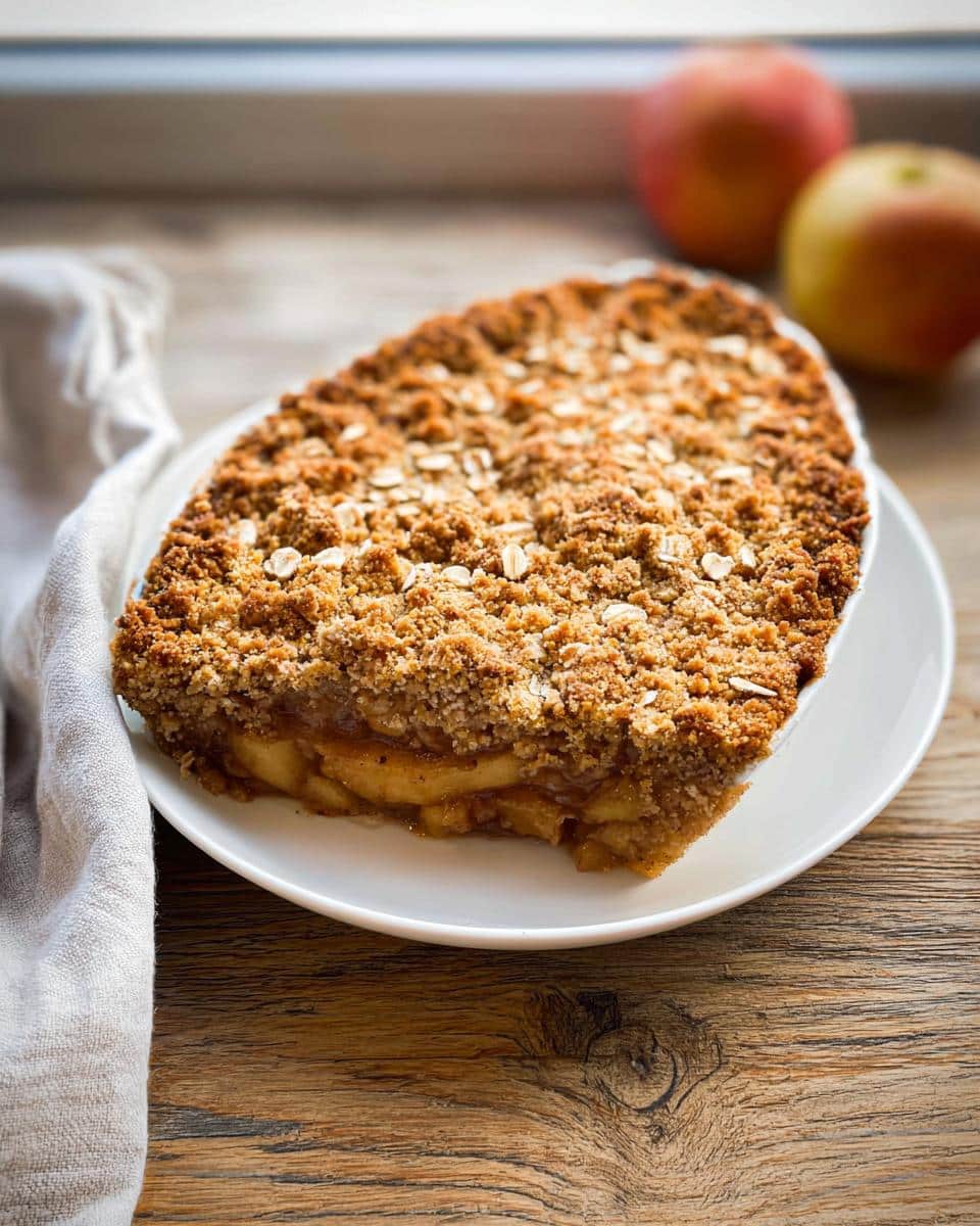 A slice of golden brown Thermomix Apple Crumble Cake with a thick oat topping, served on a white plate.