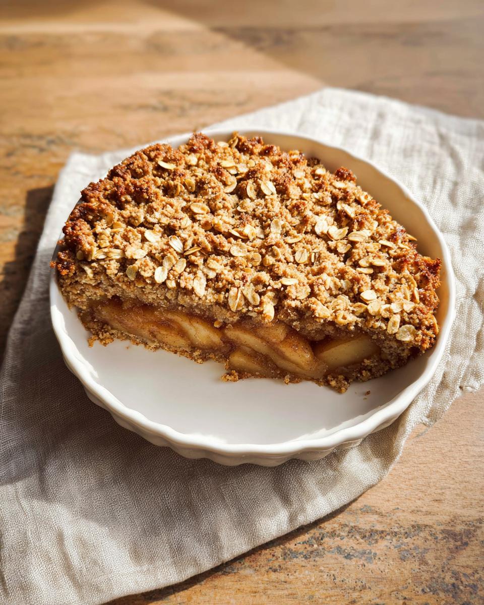 A close-up slice of Thermomix Apple Crumble Cake showing a thick layer of spiced apples and an oat crumble topping.