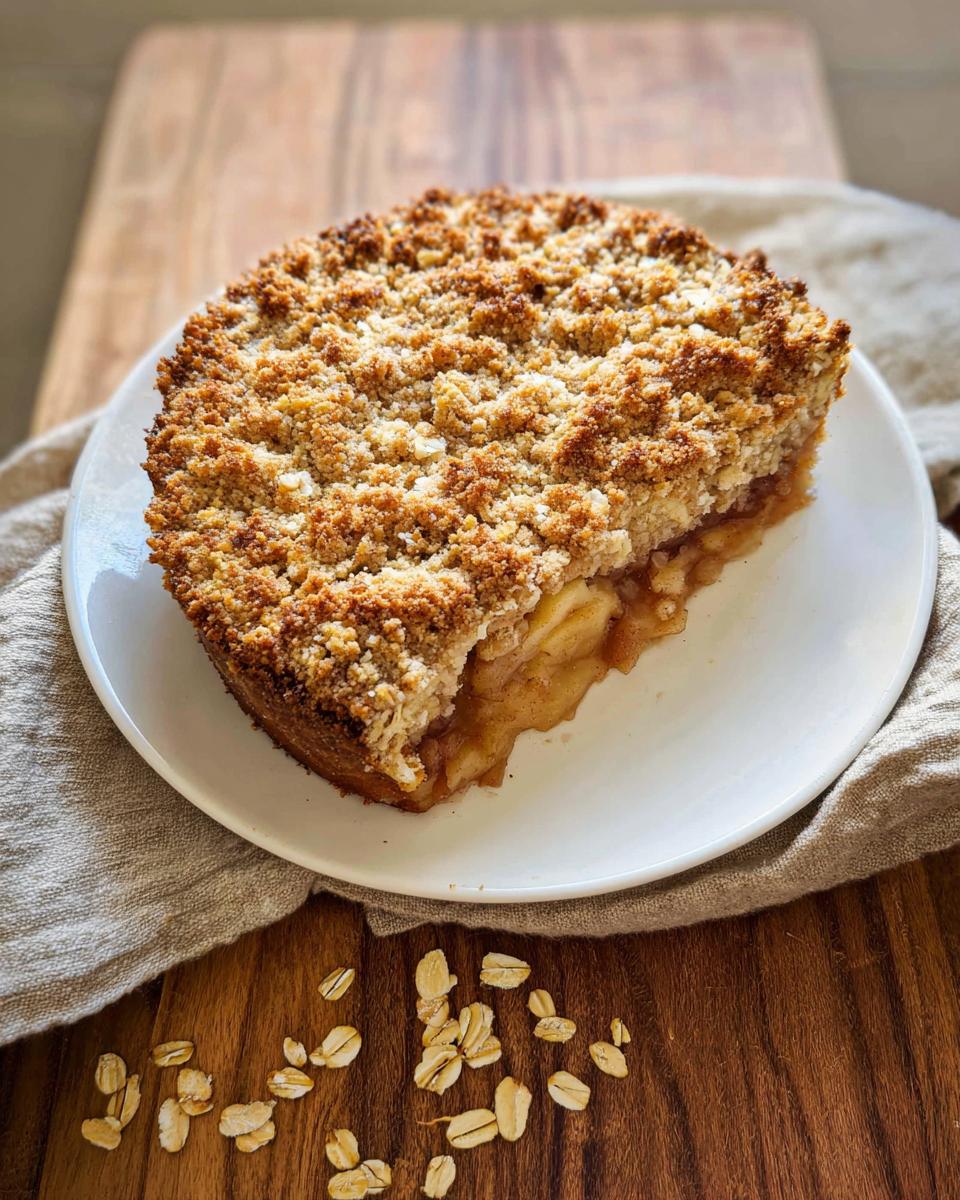 A slice of Thermomix Apple Crumble Cake on a white plate, showing the thick crumble topping and apple filling.