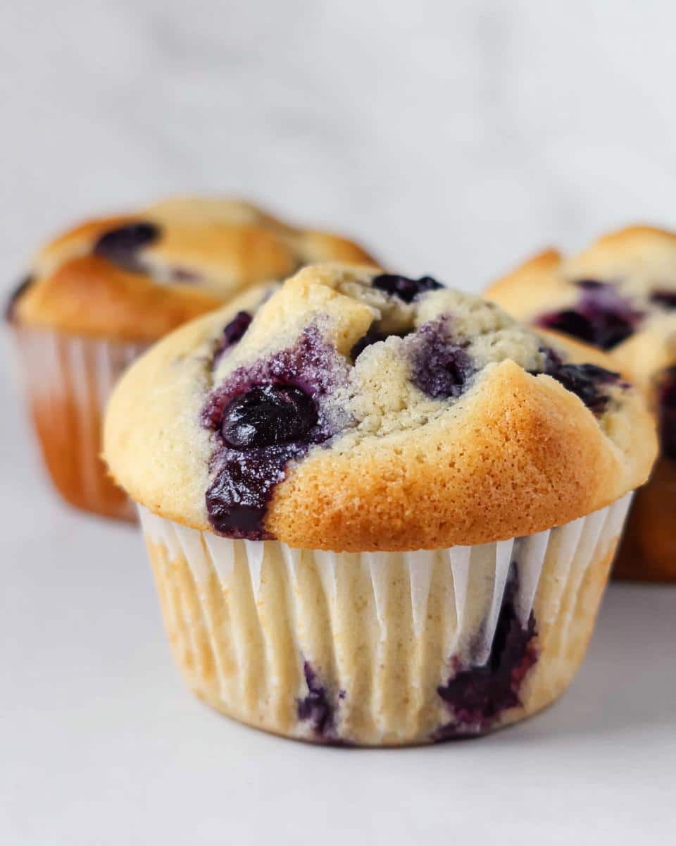 A close-up of a freshly baked Thermomix Blueberry Muffin with juicy blueberries visible on top.
