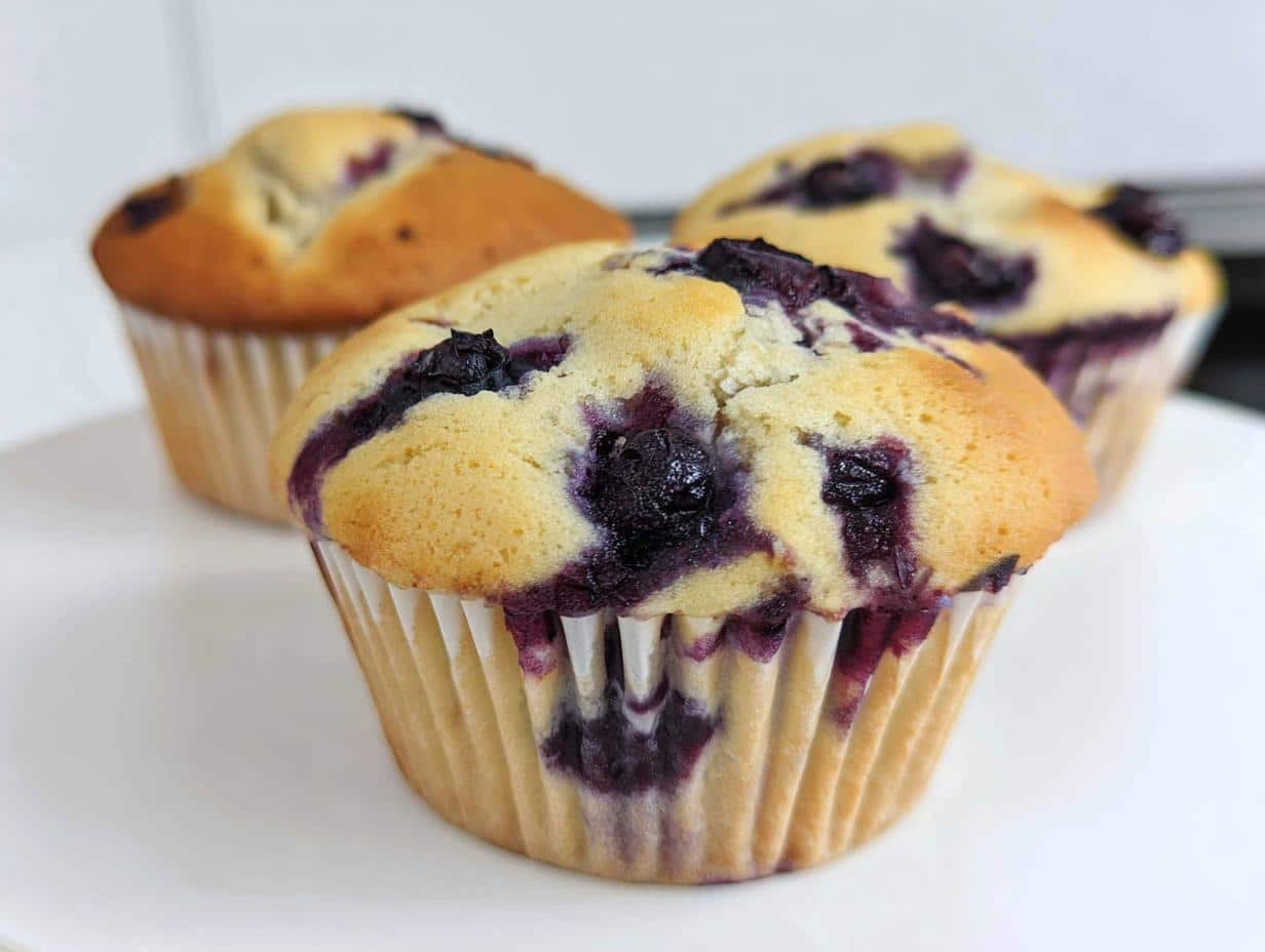 Three freshly baked Thermomix Blueberry Muffins with visible swirls of purple blueberry filling on a white plate.