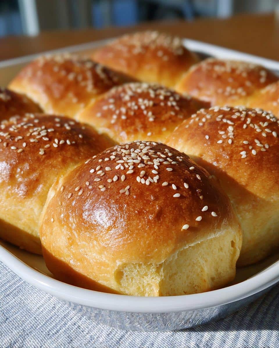 A close-up of freshly baked, golden Thermomix Brioche Buns topped with sesame seeds in a white baking dish.