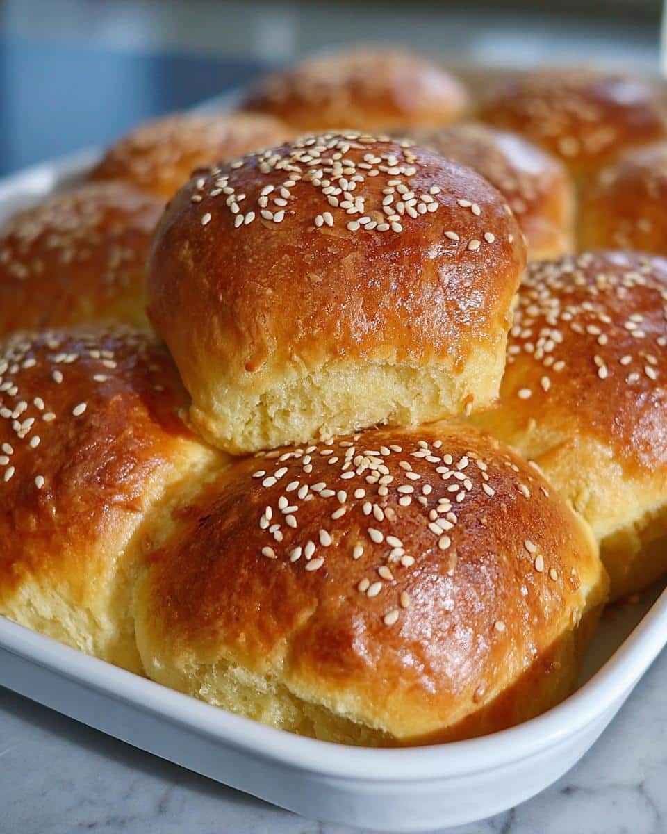 A close-up of freshly baked, golden brown Thermomix Brioche Buns topped with sesame seeds in a white baking dish.