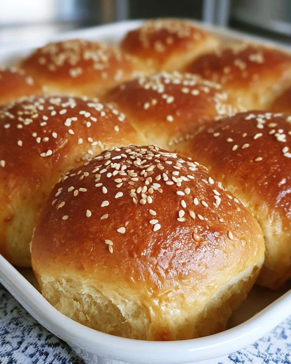Close-up of golden brown, glossy Thermomix Brioche Buns topped with sesame seeds, arranged in a white baking dish.