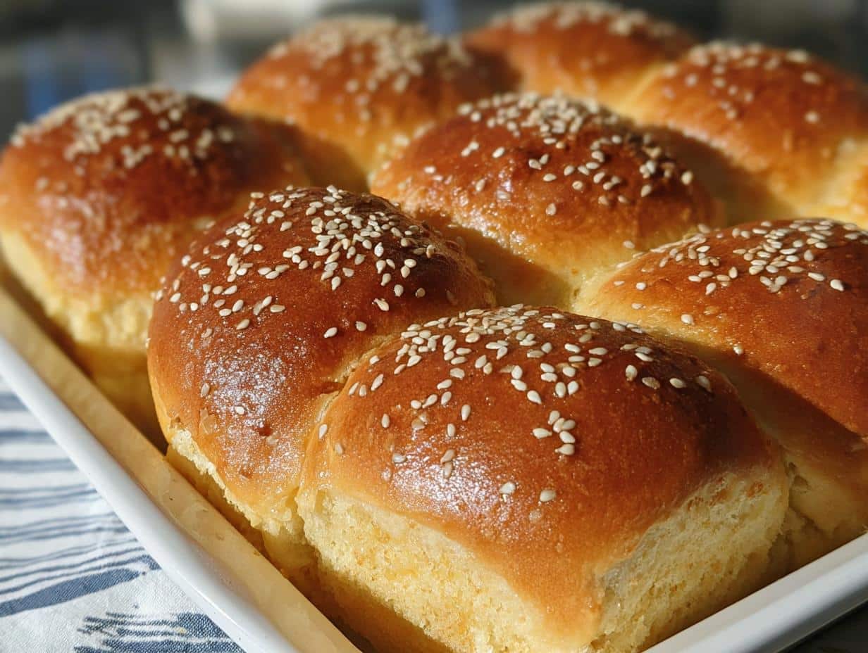 A close-up of golden brown Thermomix Brioche Buns topped with sesame seeds, baked together in a white dish.