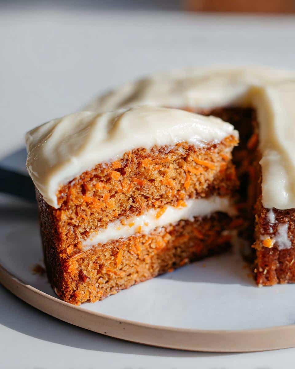 A close-up of a moist slice of Thermomix Carrot Cake with Cream Cheese Frosting, showing two layers.
